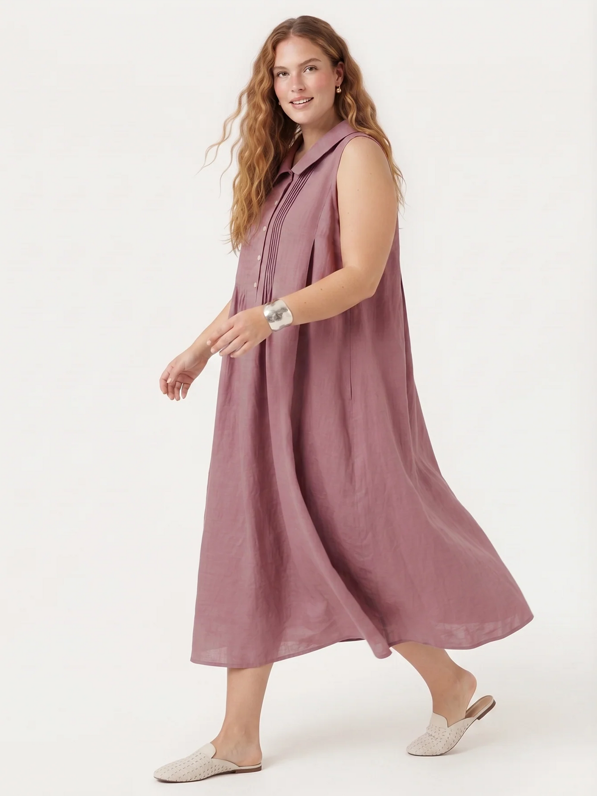 Larui Plus Size Women's Vacation Linen A-Line Dress With Pleats