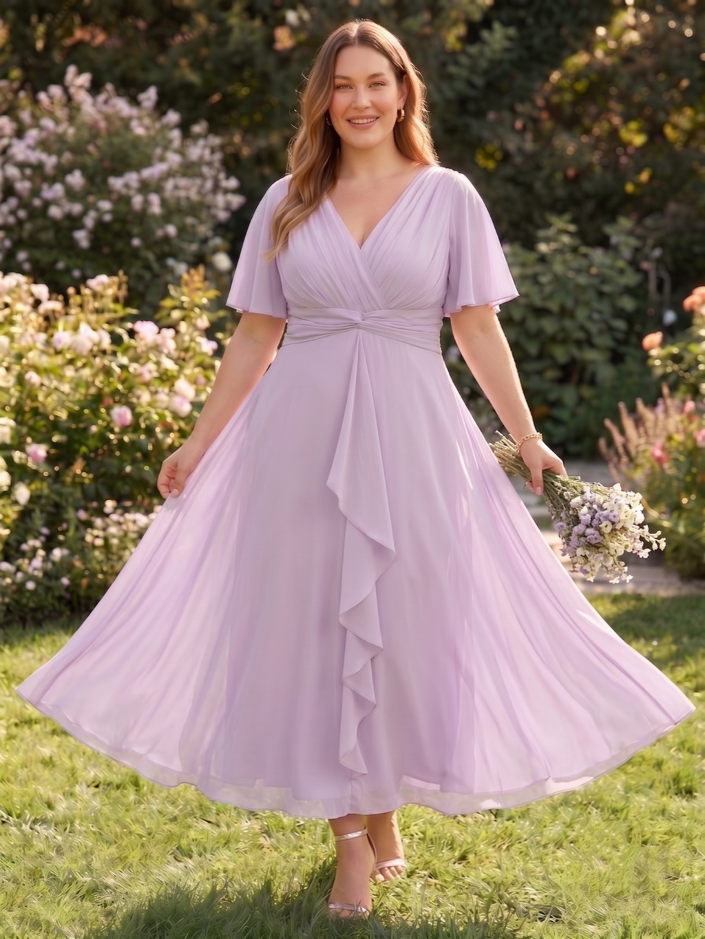 Larui Women's Plus-Size Chiffon Dress with V-Neck and Ruffled Hem