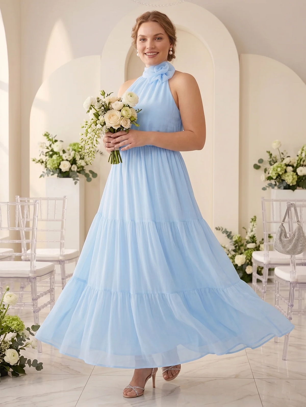 Larui Plus Size Wedding/Vacation A-Line Chiffon Dress With Floral Embellishments