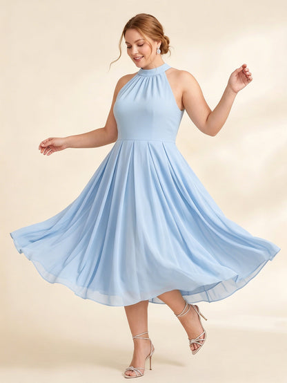 Larui Plus Size Women's Halter Neck Chiffon Dress