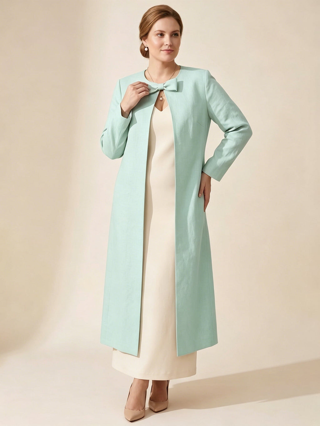 Larui Plus Size Women's Bow-Knot Wedding Long LinenCoat