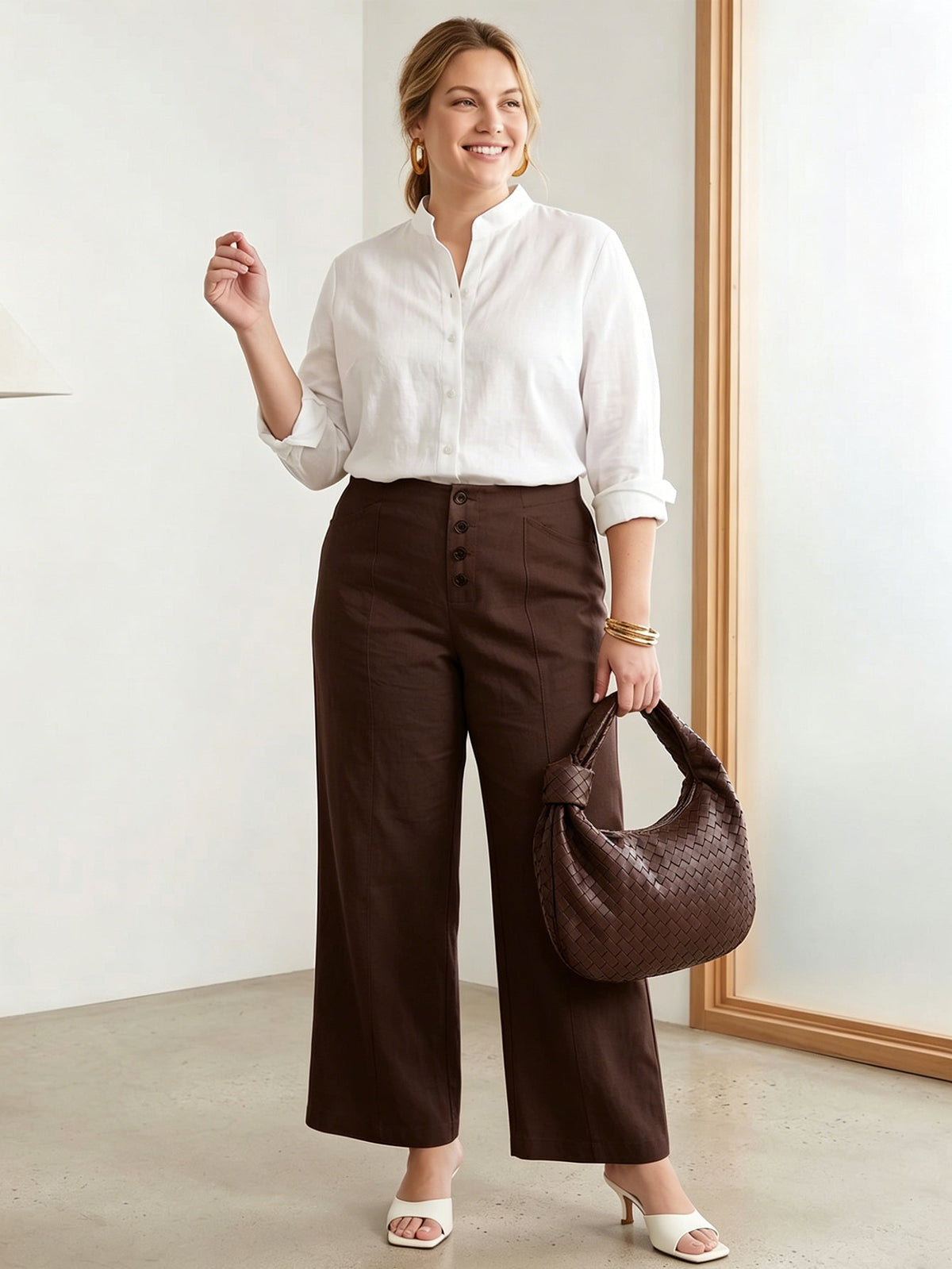 Larui Plus Size Women's Button-Down Wide-Leg Linen Pants