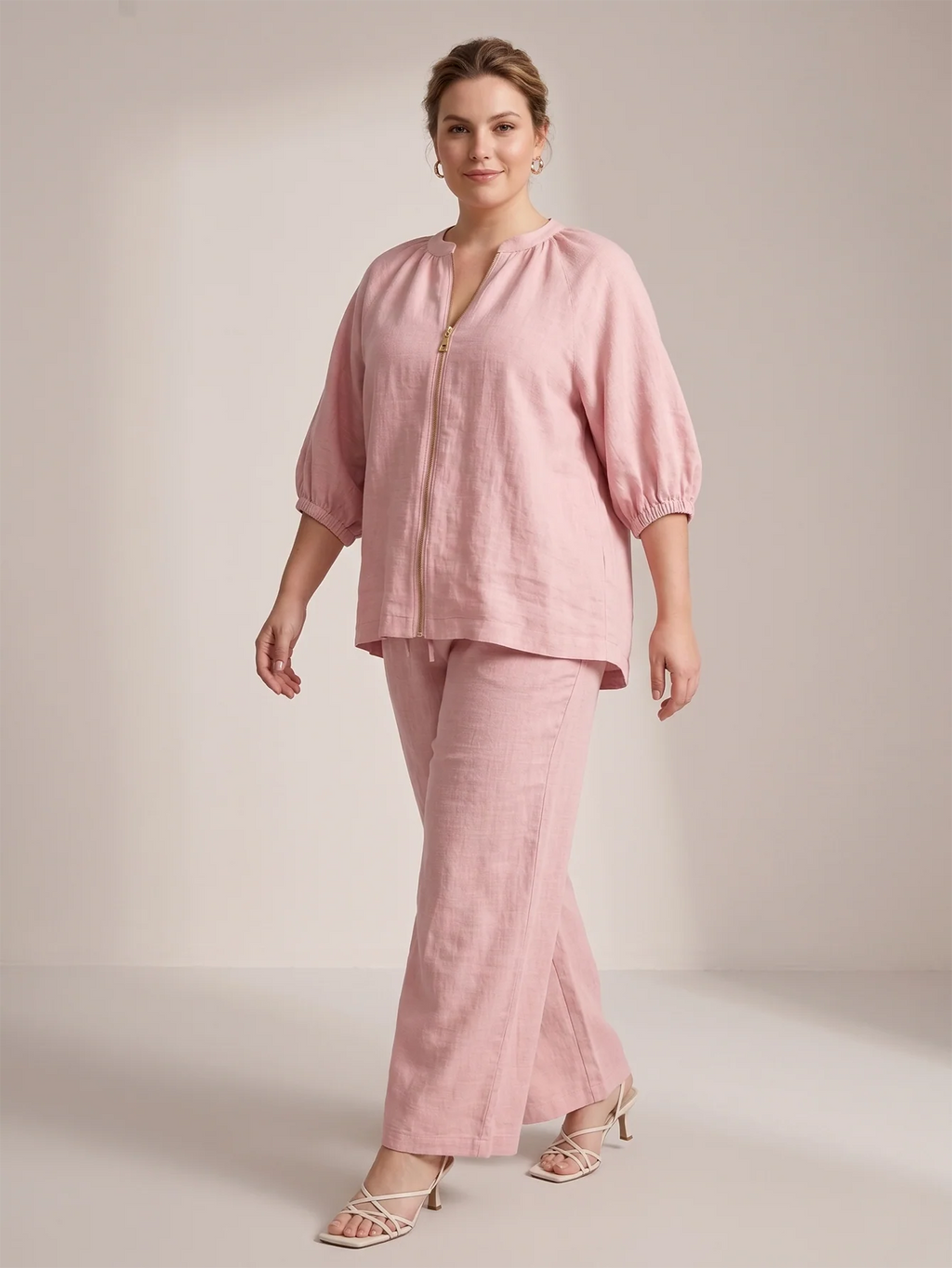 Larui Plus Size Women's Three-Quarter Sleeve Top and Pants Two-Piece Linen Set