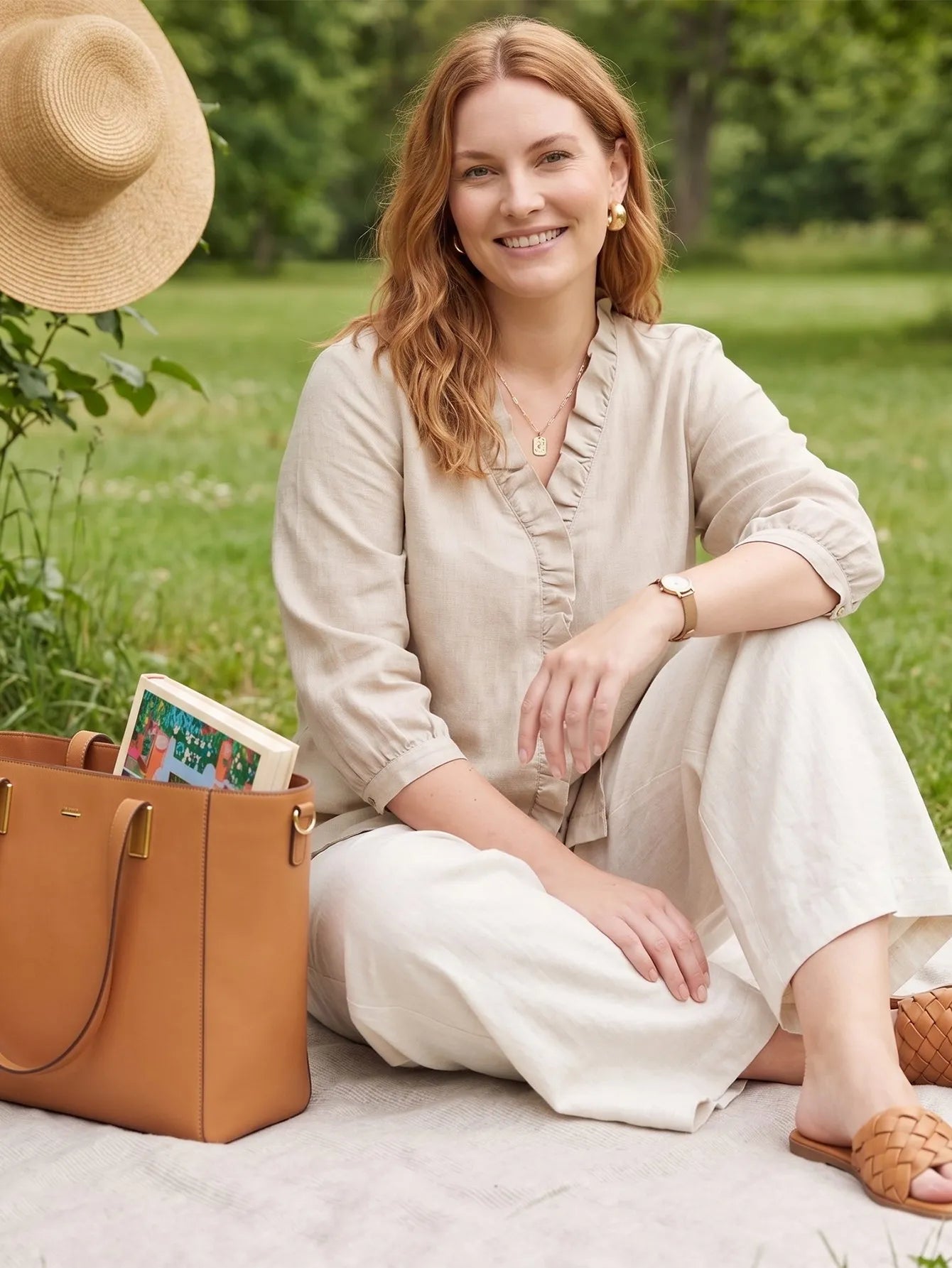 Larui Plus Size Women's Linen Ruffles 3/4 Sleeves Blouse