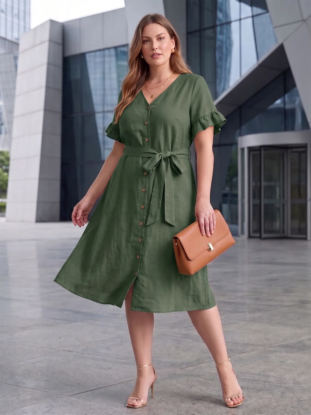Larui Plus Size Women's Linen Short Sleeves Dress With Belted