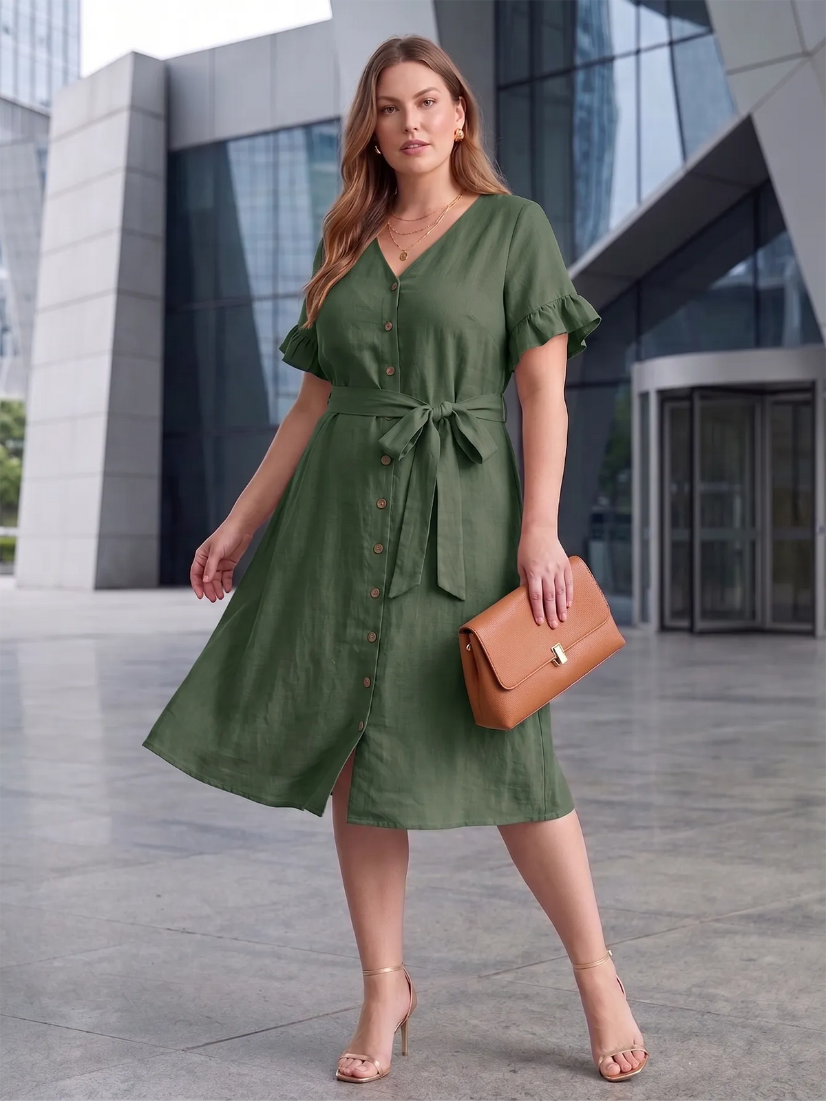 Larui Plus Size Women's Linen Short Sleeves Dress With Belted