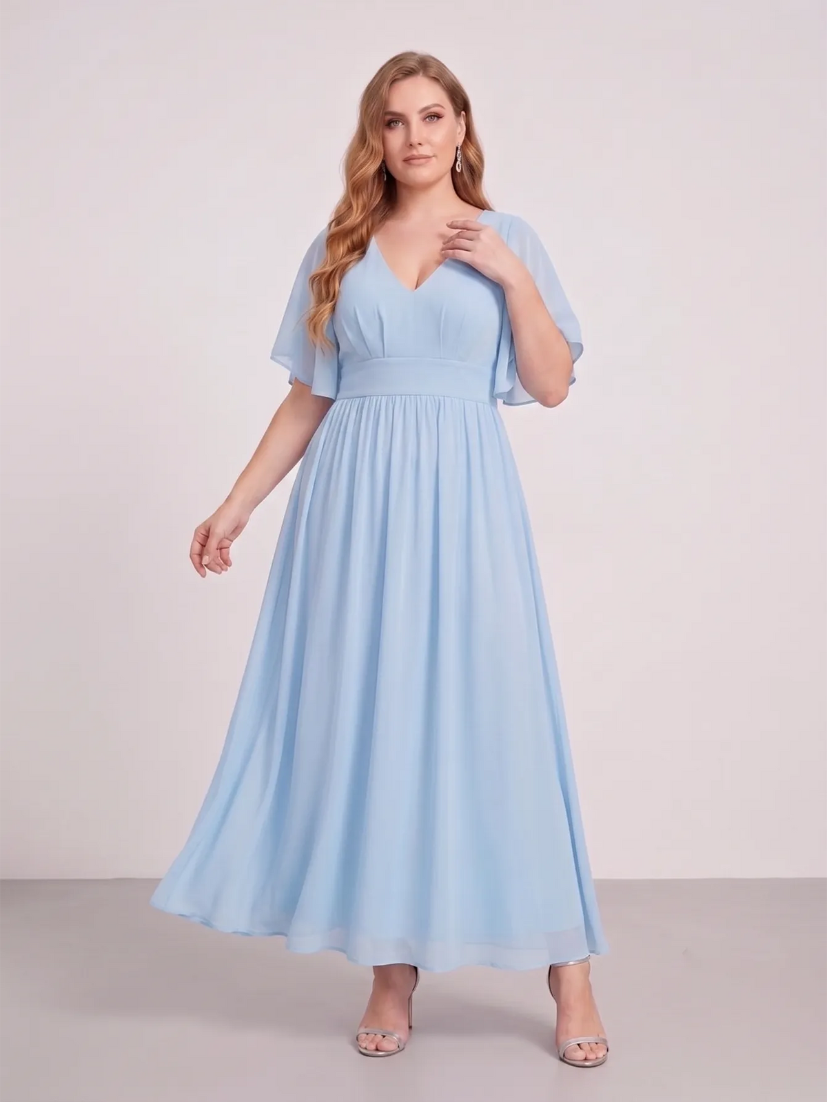 Larui Plus Size Women‘s V-Neck Chiffon Ruffles Sleeves Dress