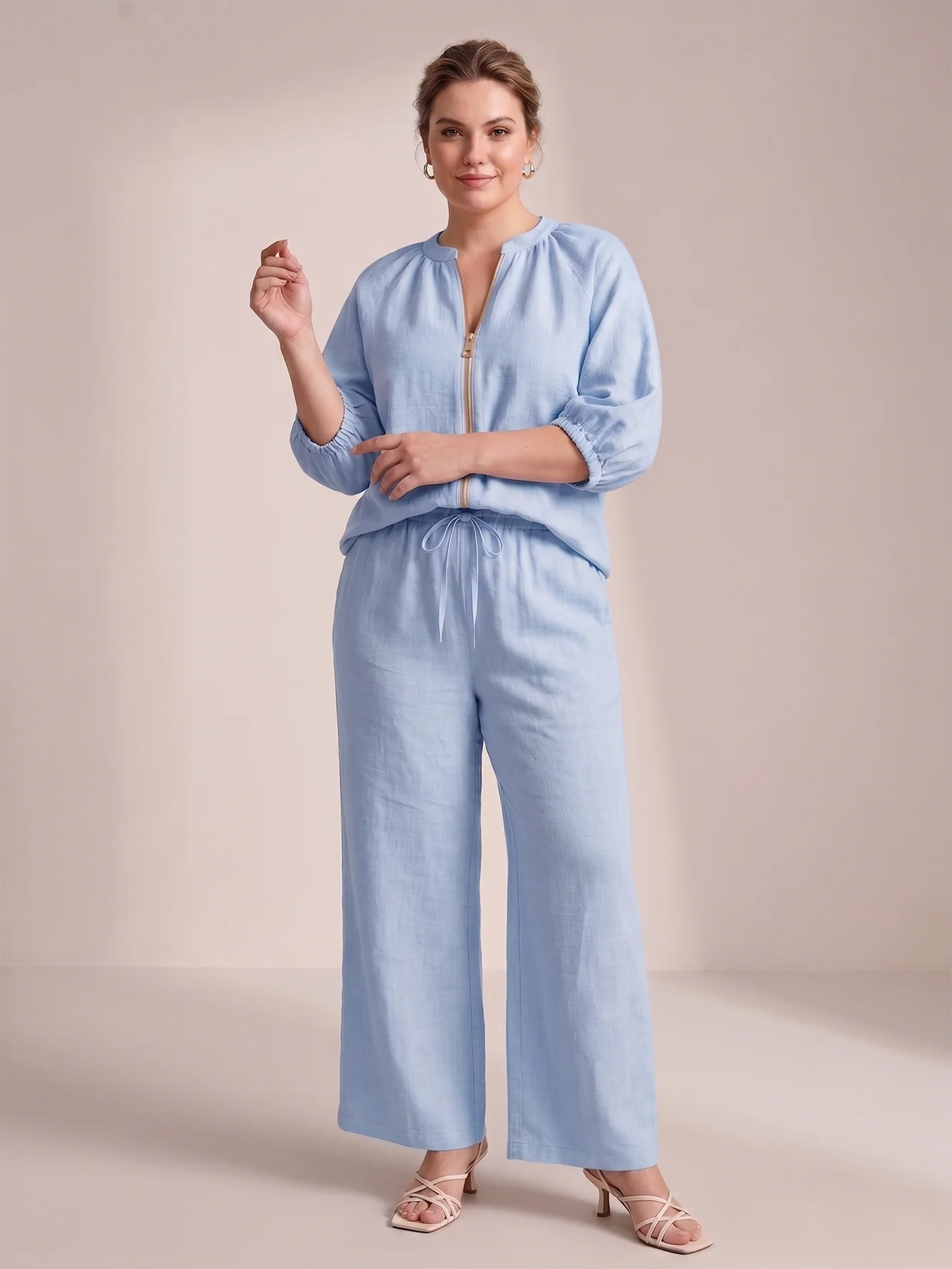 Larui Plus Size Women's Three-Quarter Sleeve Top and Pants Two-Piece Linen Set