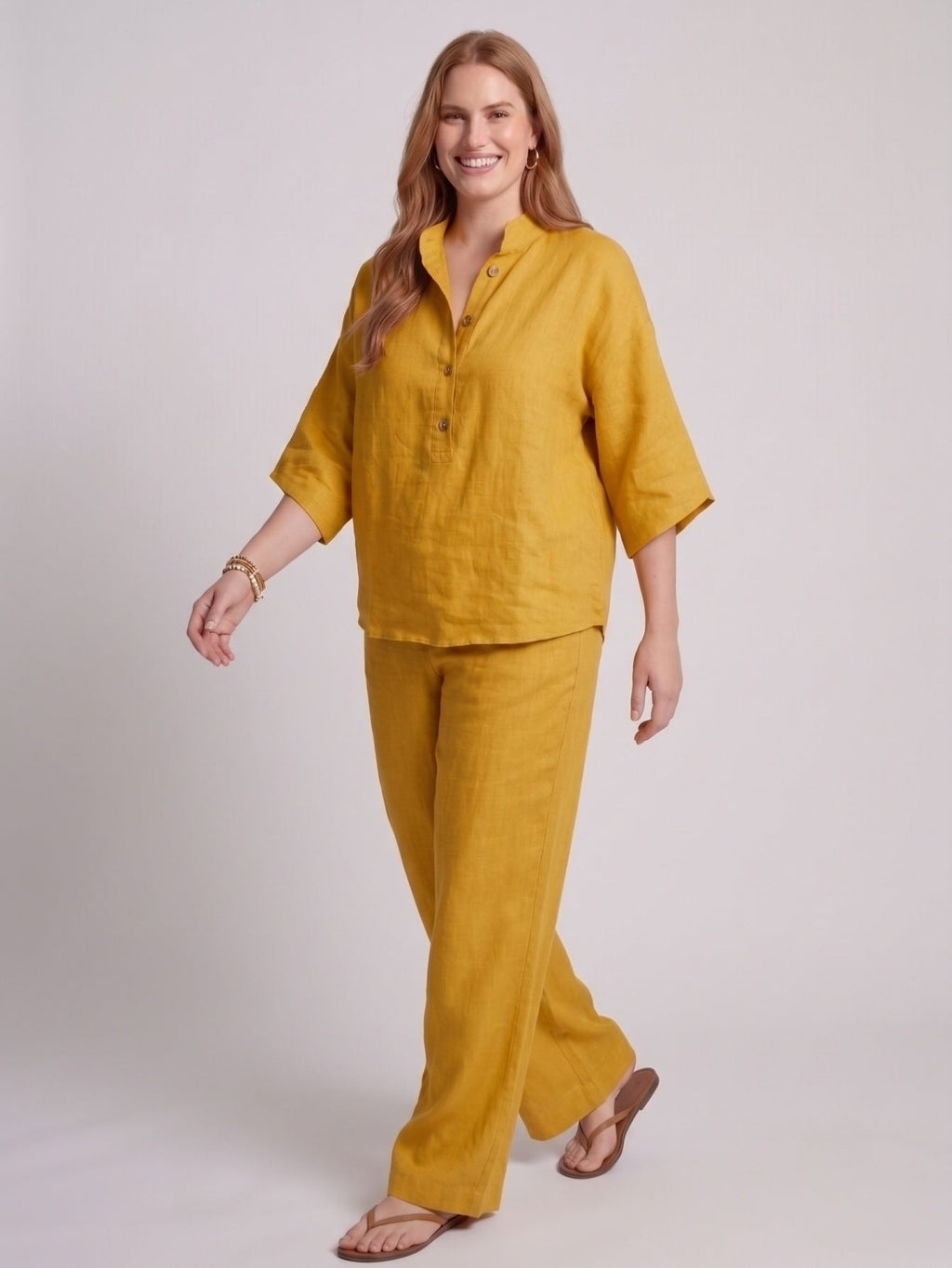 Larui Plus Size Women's V-Neck Button-Detail Casual Linen Set