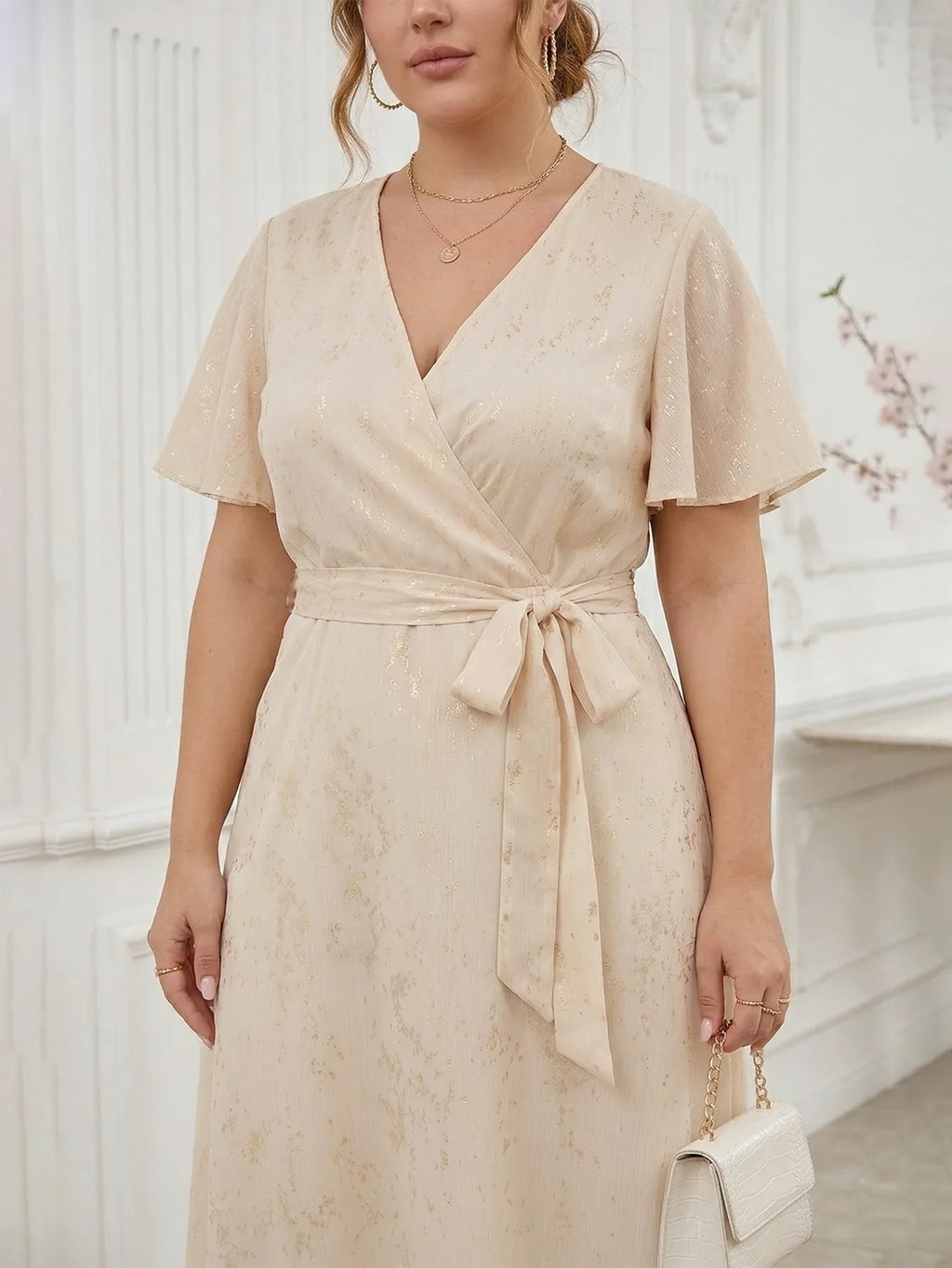 Larui Plus Size Elegant Gold-Stamped Chiffon Guest Dress