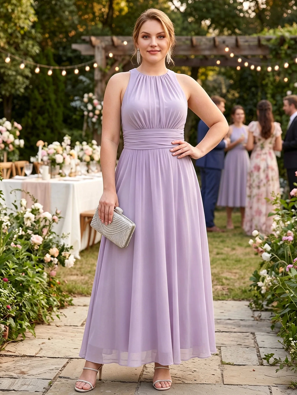 Larui Plus Size Elegant Pleated Chiffon Dress