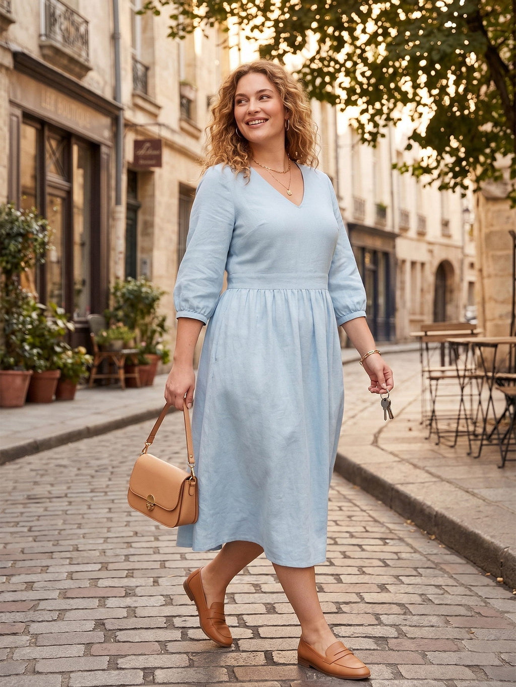 Larui Plus Size Women's Linen V-Neck Pocket Dress