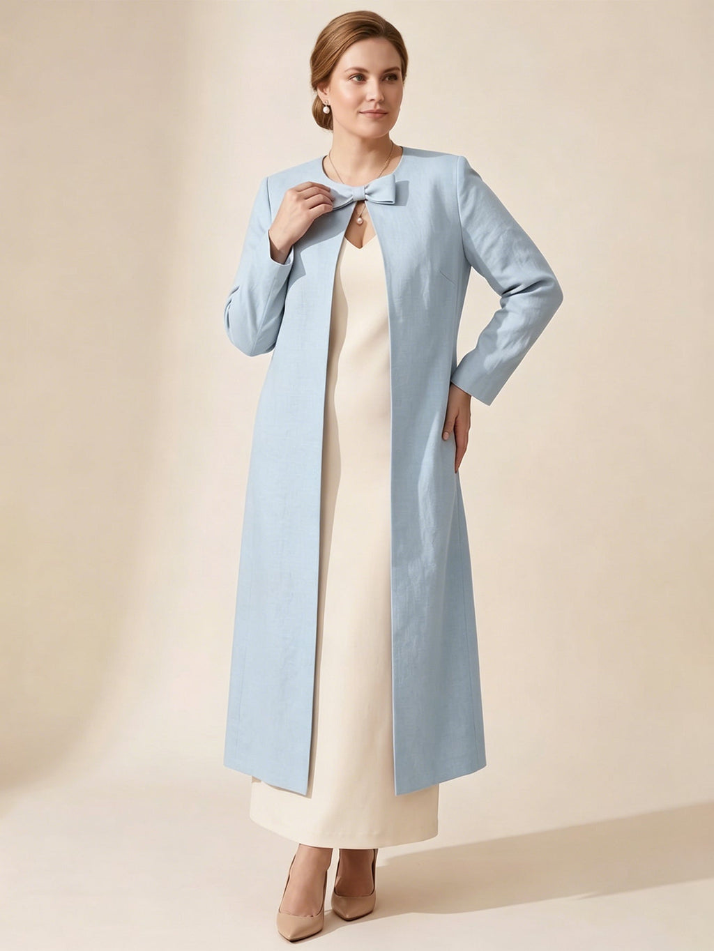 Larui Plus Size Women's Bow-Knot Wedding Long LinenCoat