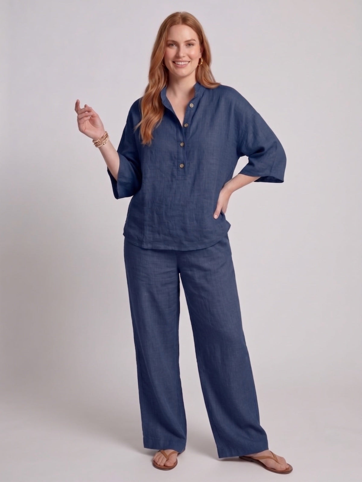 Larui Plus Size Women's V-Neck Button-Detail Casual Linen Set