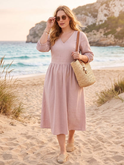 Larui Plus Size Women's Linen V-Neck Pocket Dress