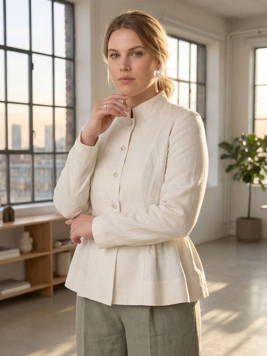 Larui Plus Size Women's Elegant Linen Coat With Ruffled Hem
