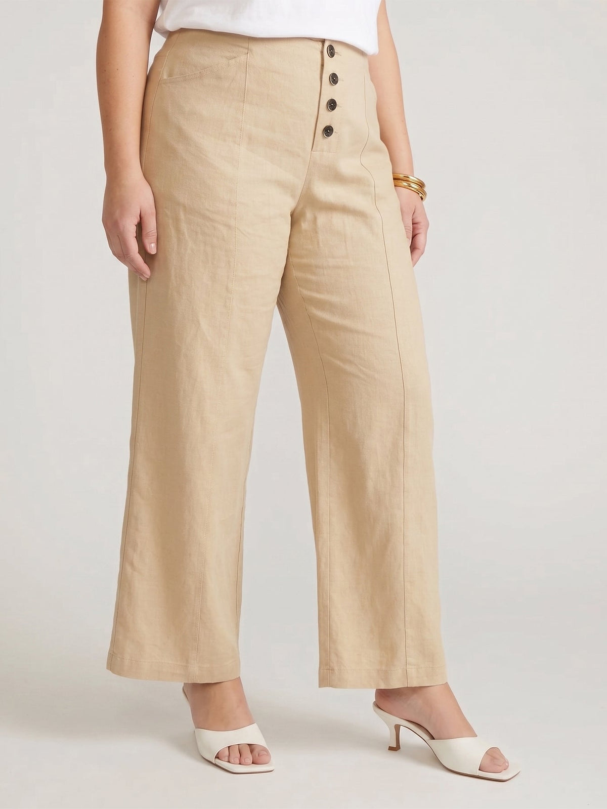 Larui Plus Size Women's ButtonDown Wide-Le-g Linen Pants