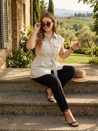 Larui Plus Size Women's Linen Pocket Blouse With Belted