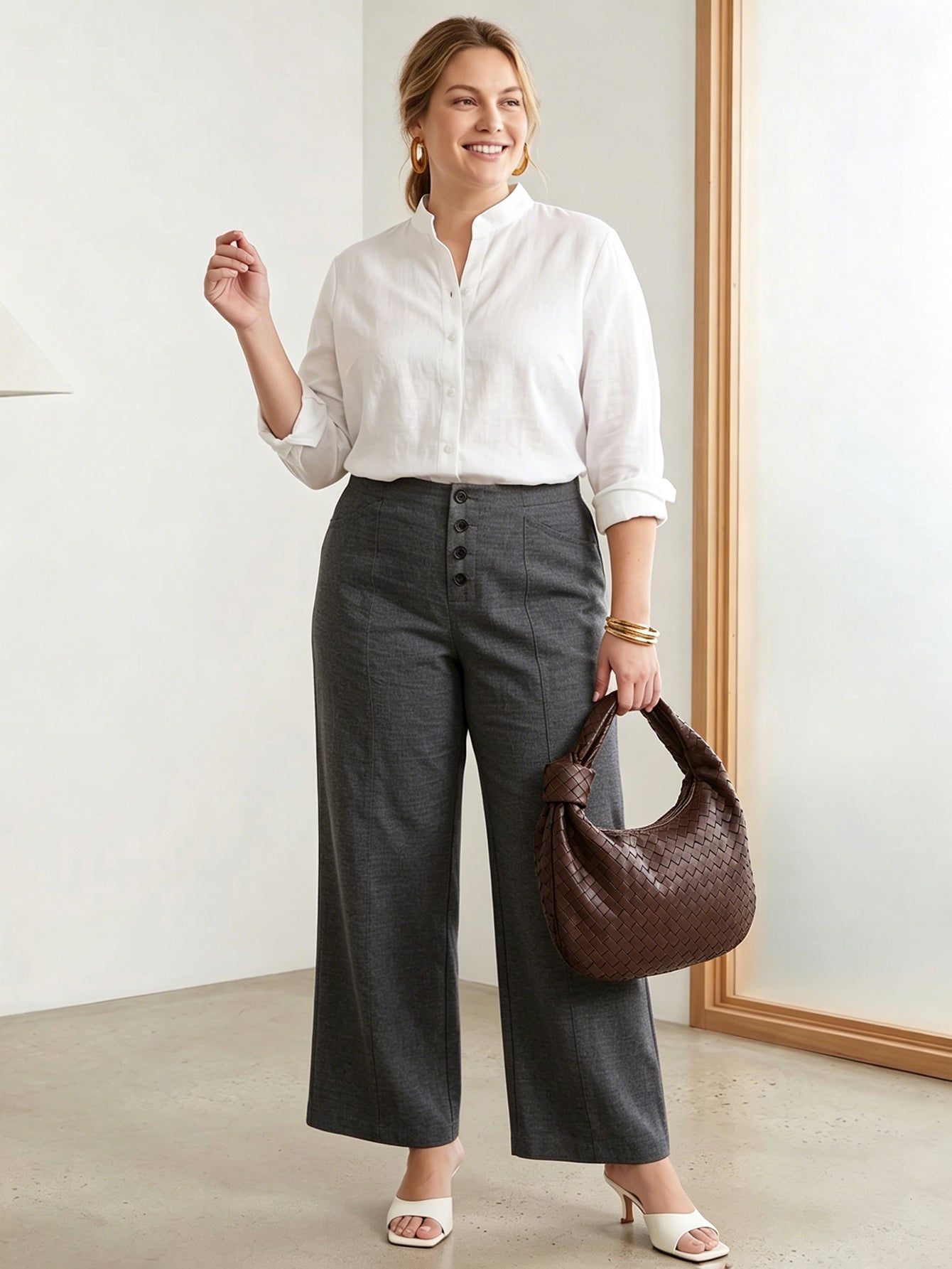 Larui Plus Size Women's Button-Down Wide-Leg Linen  Pants