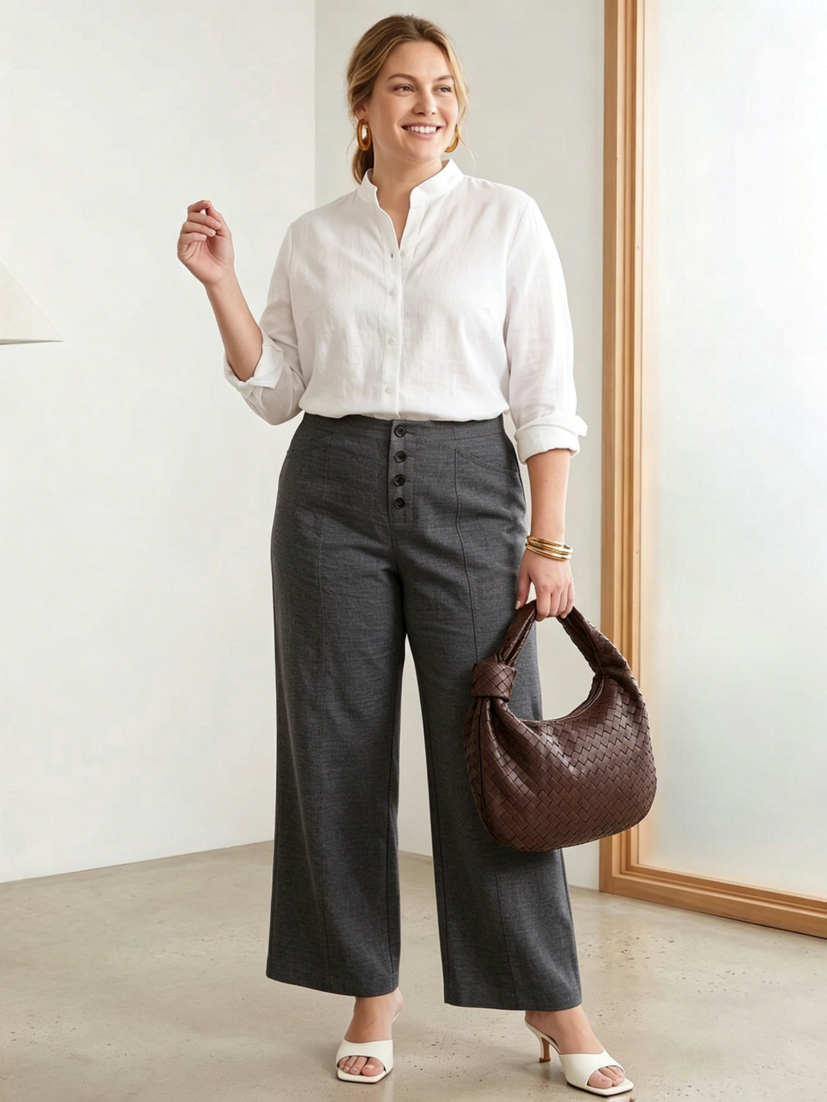 Larui Plus Size Women's ButtonDown Wide-Le-g Linen Pants