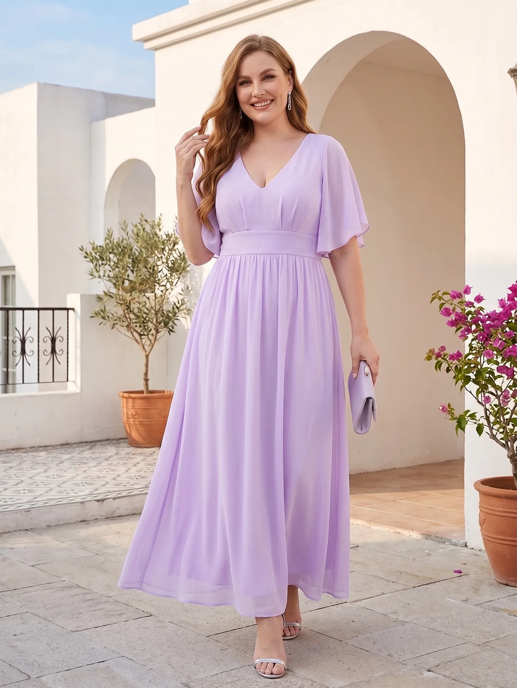 Larui Plus Size Women‘s V-Neck Chiffon Ruffles Sleeves Dress