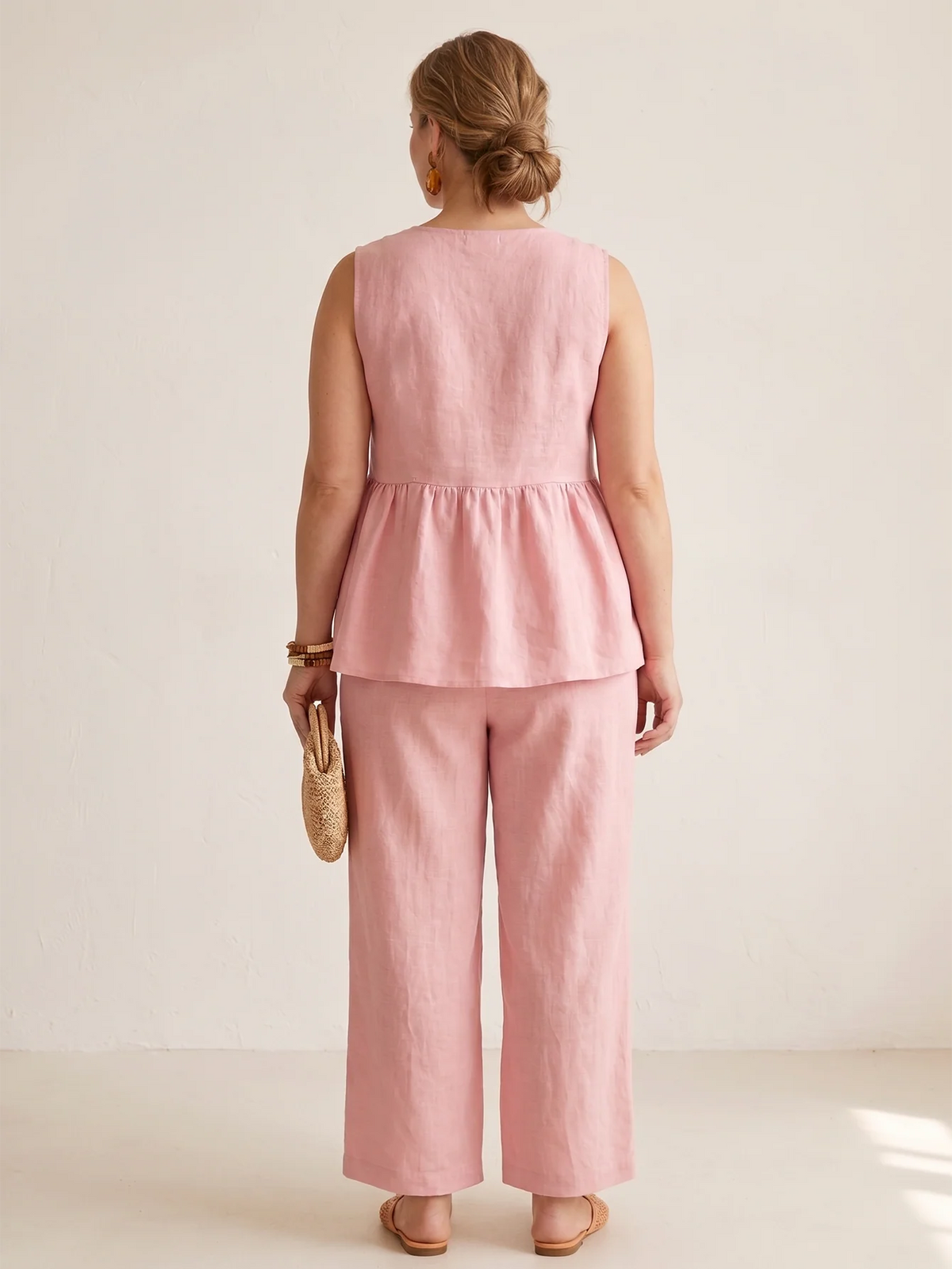 Larui Plus Size Women's Vacation Linen Top and Pants Set
