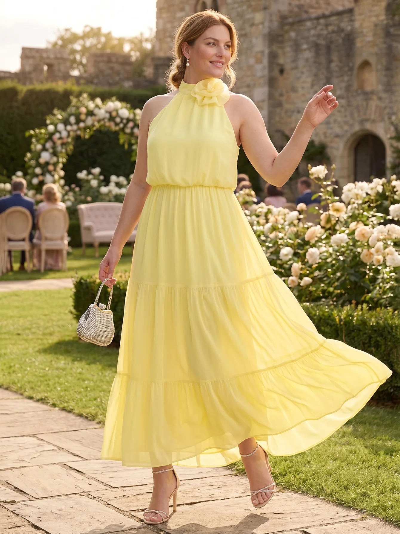 Larui Plus Size Wedding/Vacation A-Line Chiffon Dress With Floral Embellishments