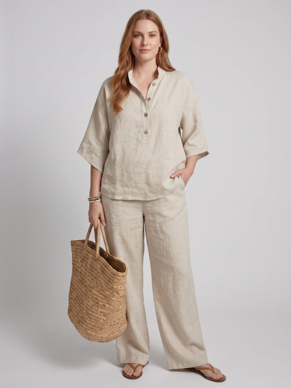 Larui Plus Size Women's V-Neck Button-Detail Casual Linen Set