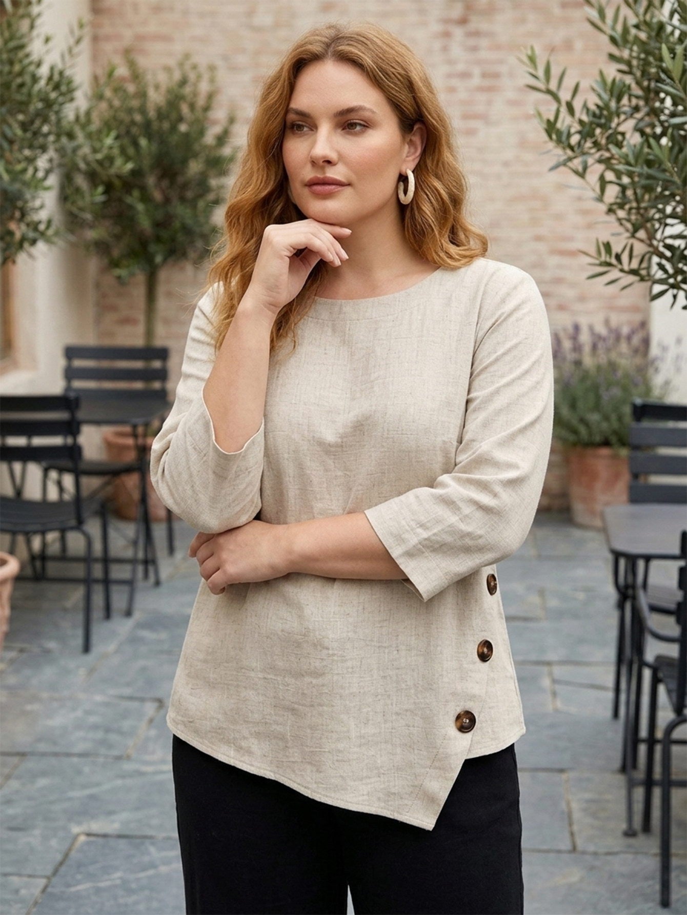 Larui Plus Size Women's Linen 3/4 Sleeves Blouse
