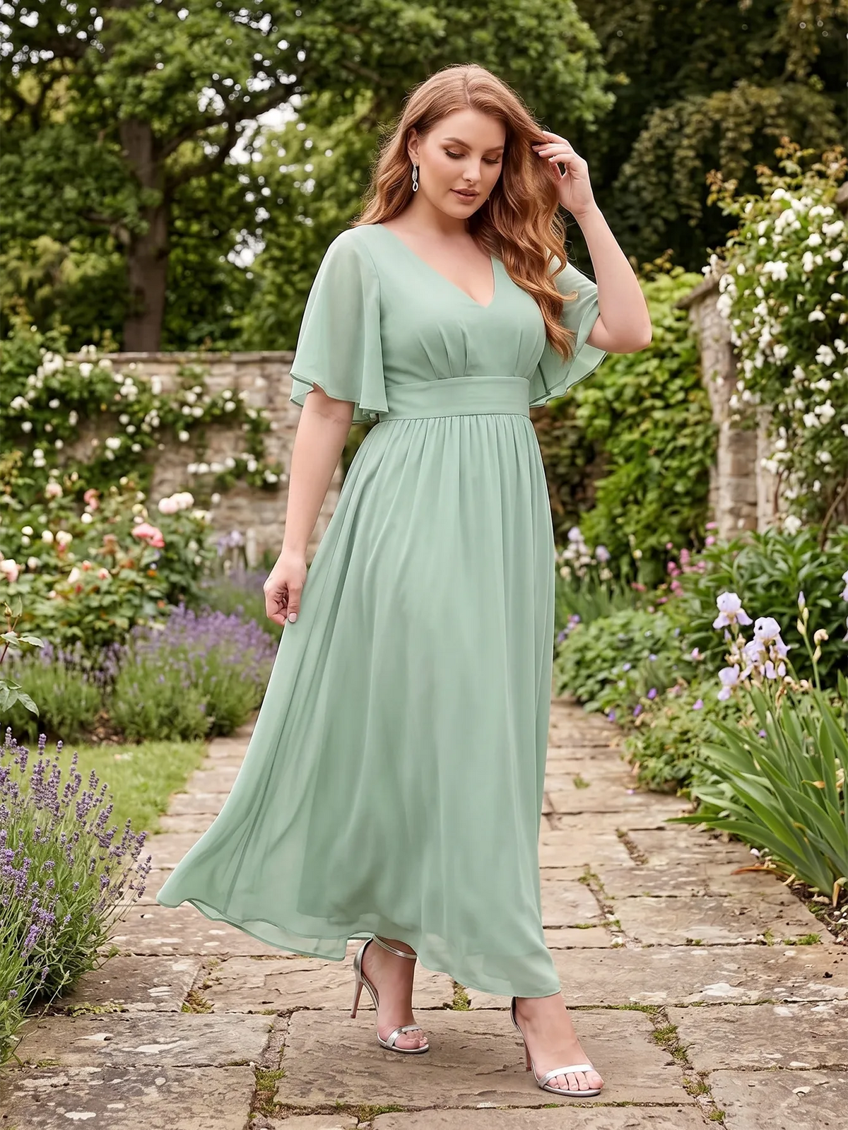 Larui Plus Size Women‘s V-Neck Chiffon Ruffles Sleeves Dress