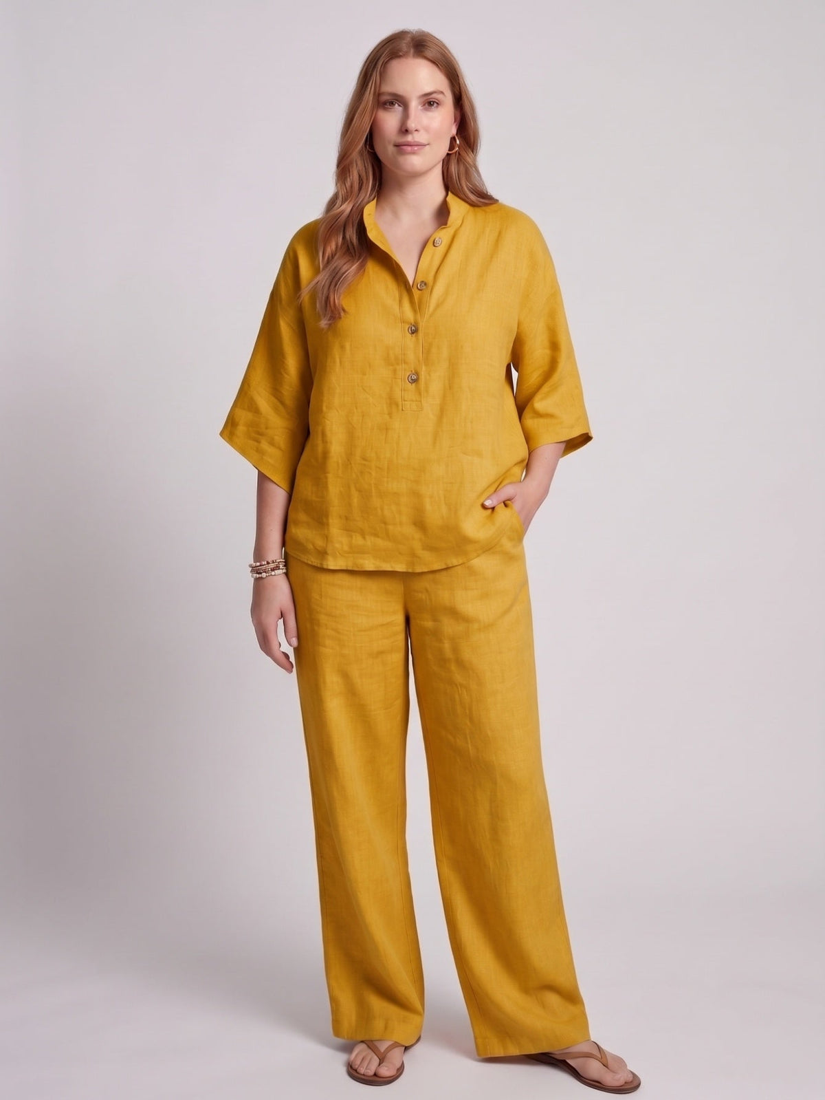Larui Plus Size Women's V-Neck Button-Detail Casual Linen Set