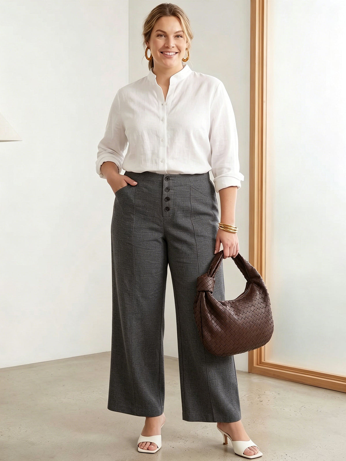 Larui Plus Size Women's Button-Down Wide-Leg Linen Pants