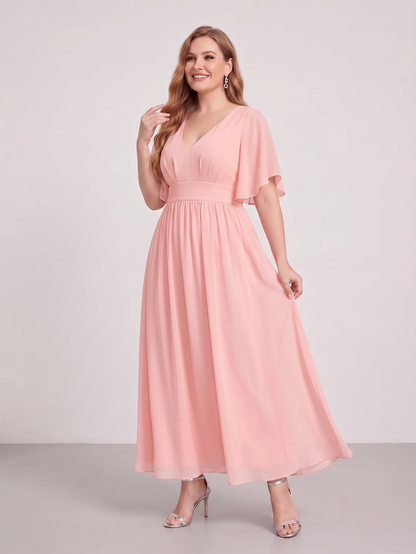 Larui Plus Size Women‘s V-Neck Chiffon Ruffles Sleeves Dress