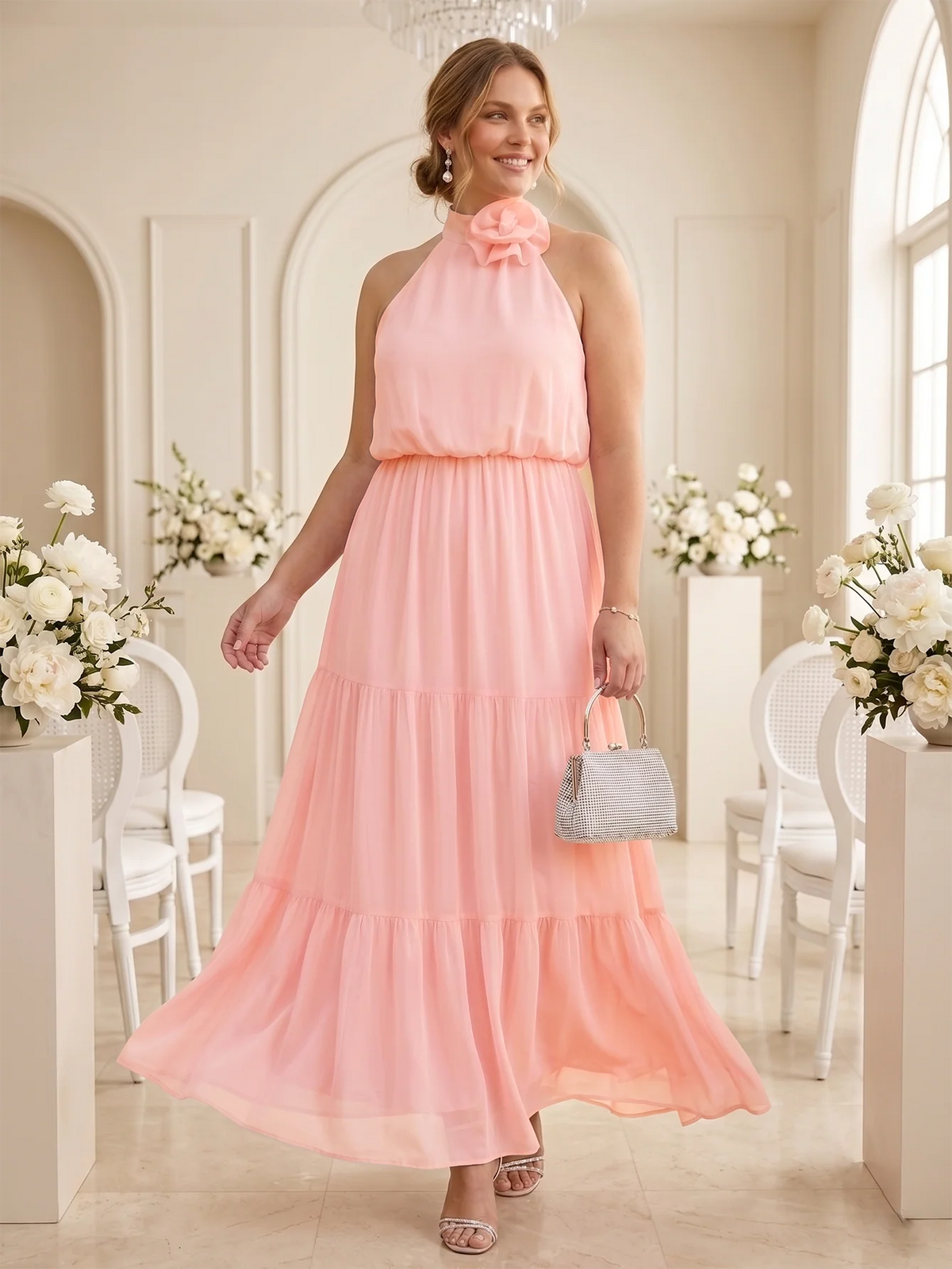 Larui Plus Size Wedding/Vacation A-Line Chiffon Dress With Floral Embellishments