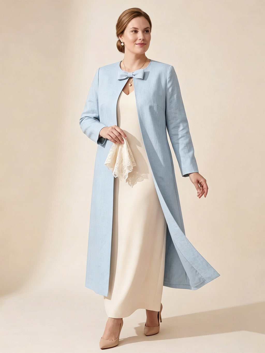 Larui Plus Size Women's Bow-Knot Wedding Long Linen Coat