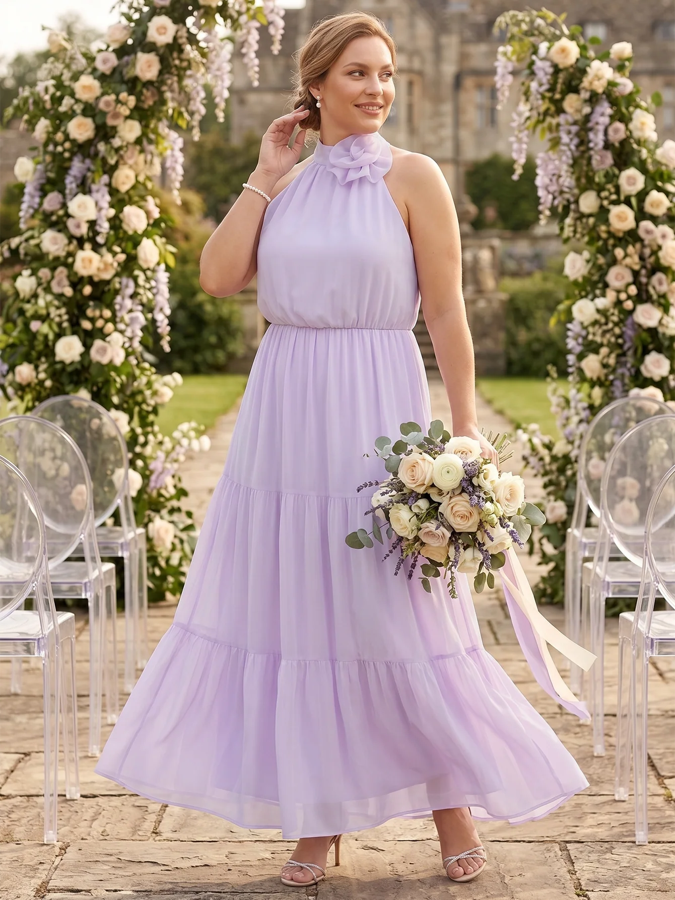 Larui Plus Size Wedding/Vacation A-Line Chiffon Dress With Floral Embellishments