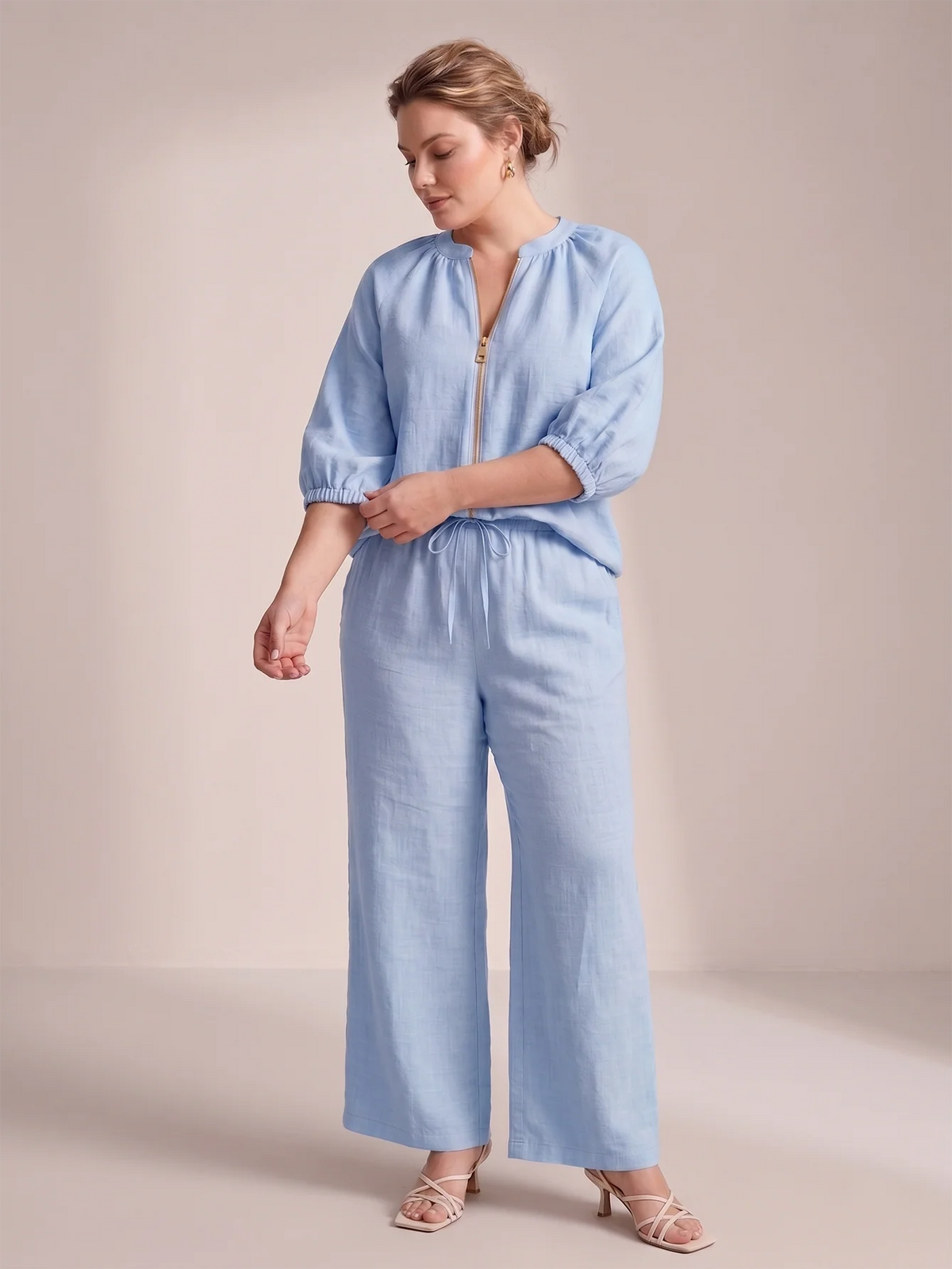 Larui Plus Size Women's Three-Quarter Sleeve Top and Pants Two-Piece Linen Set