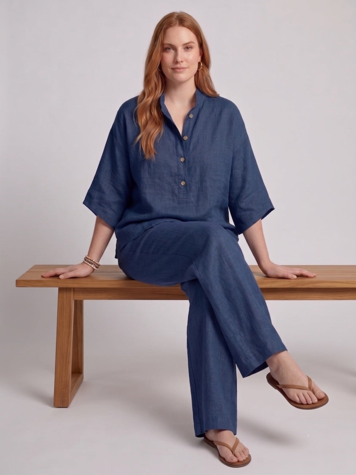 Larui Plus Size Women's V-Neck Button-Detail Casual Linen Set