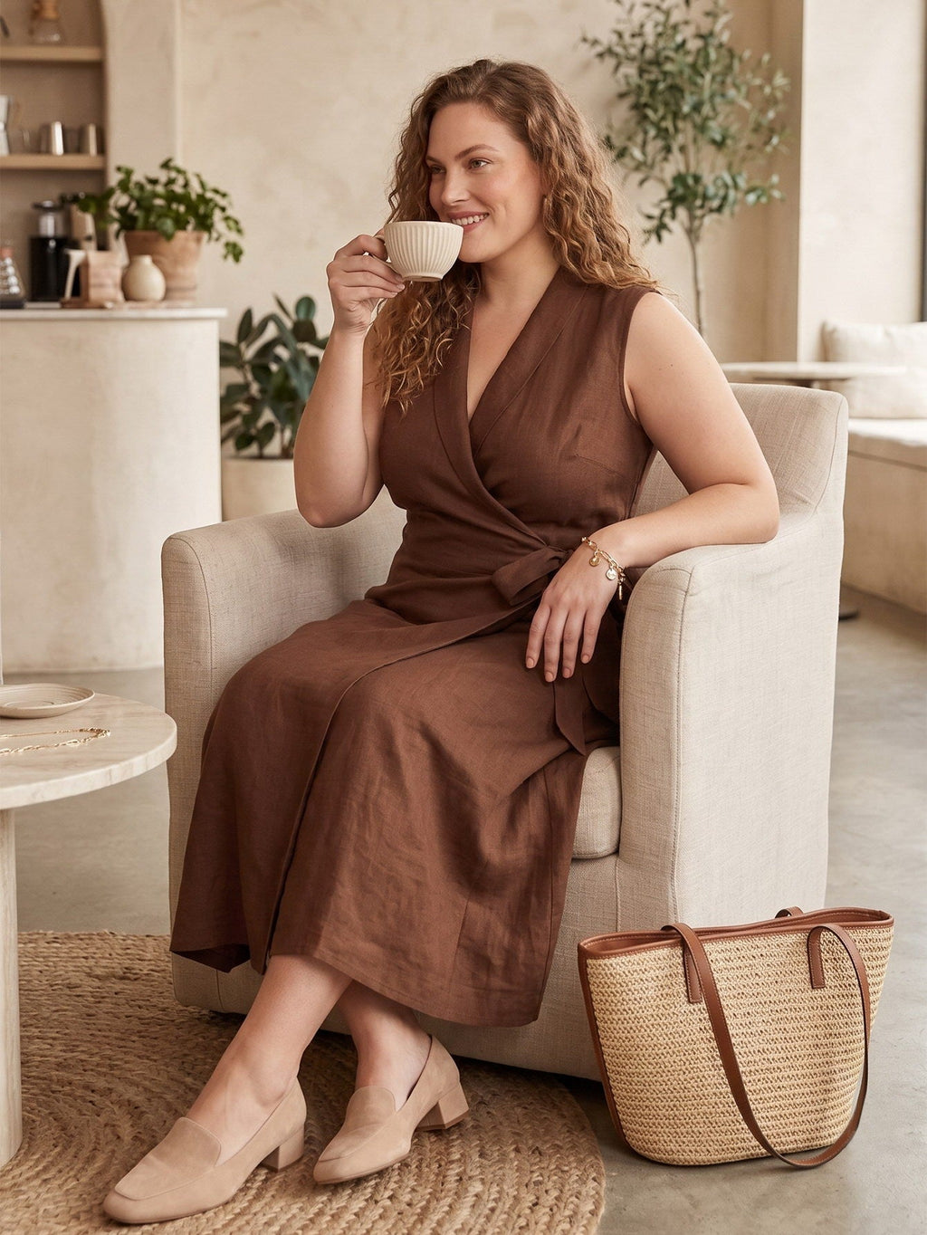 Larui Plus Size Women‘s Linen  V-Neck Sleeveless Dress