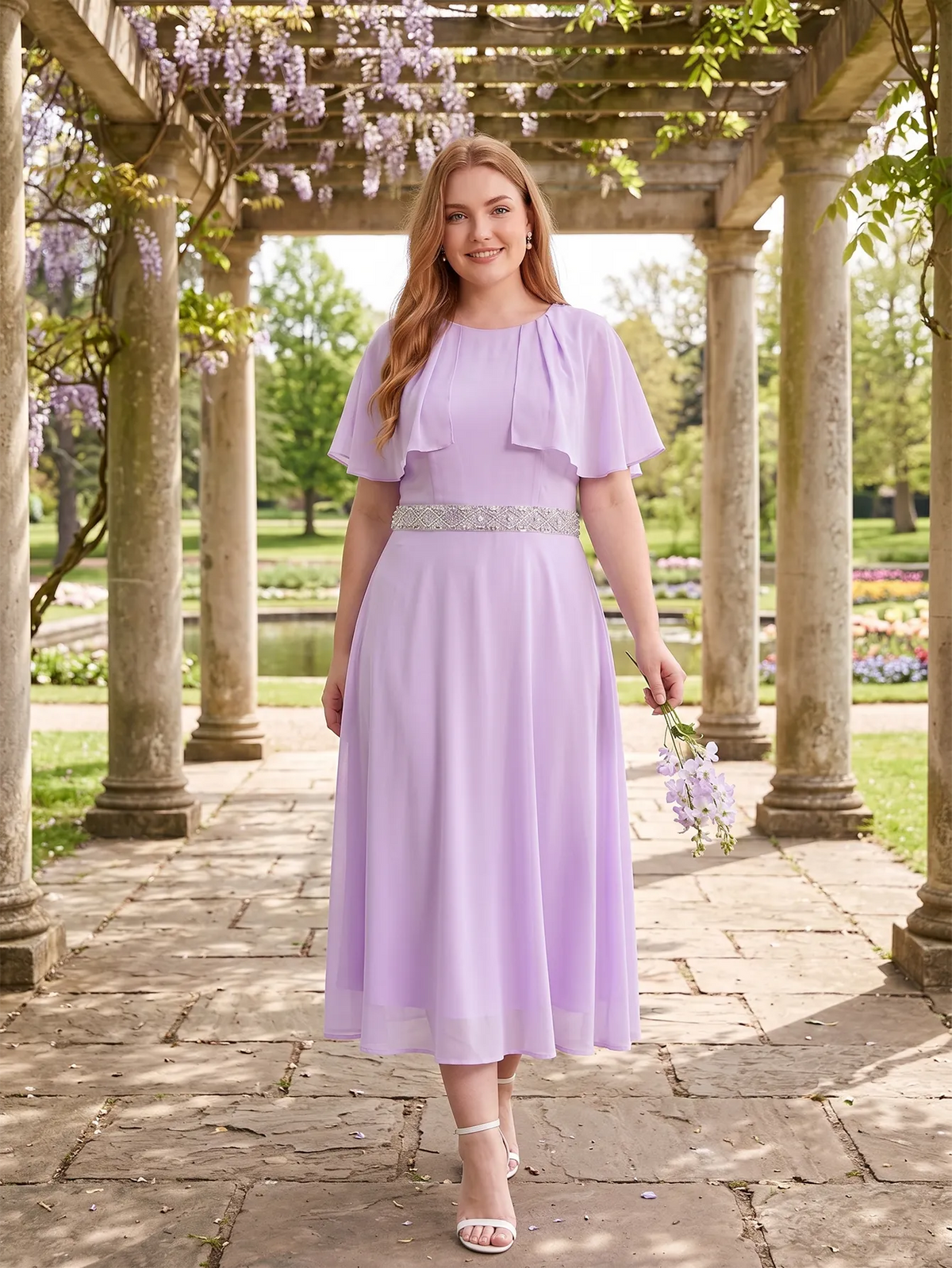 Larui Plus Size Women‘s Cape Sleeves Chiffon Midi Dress