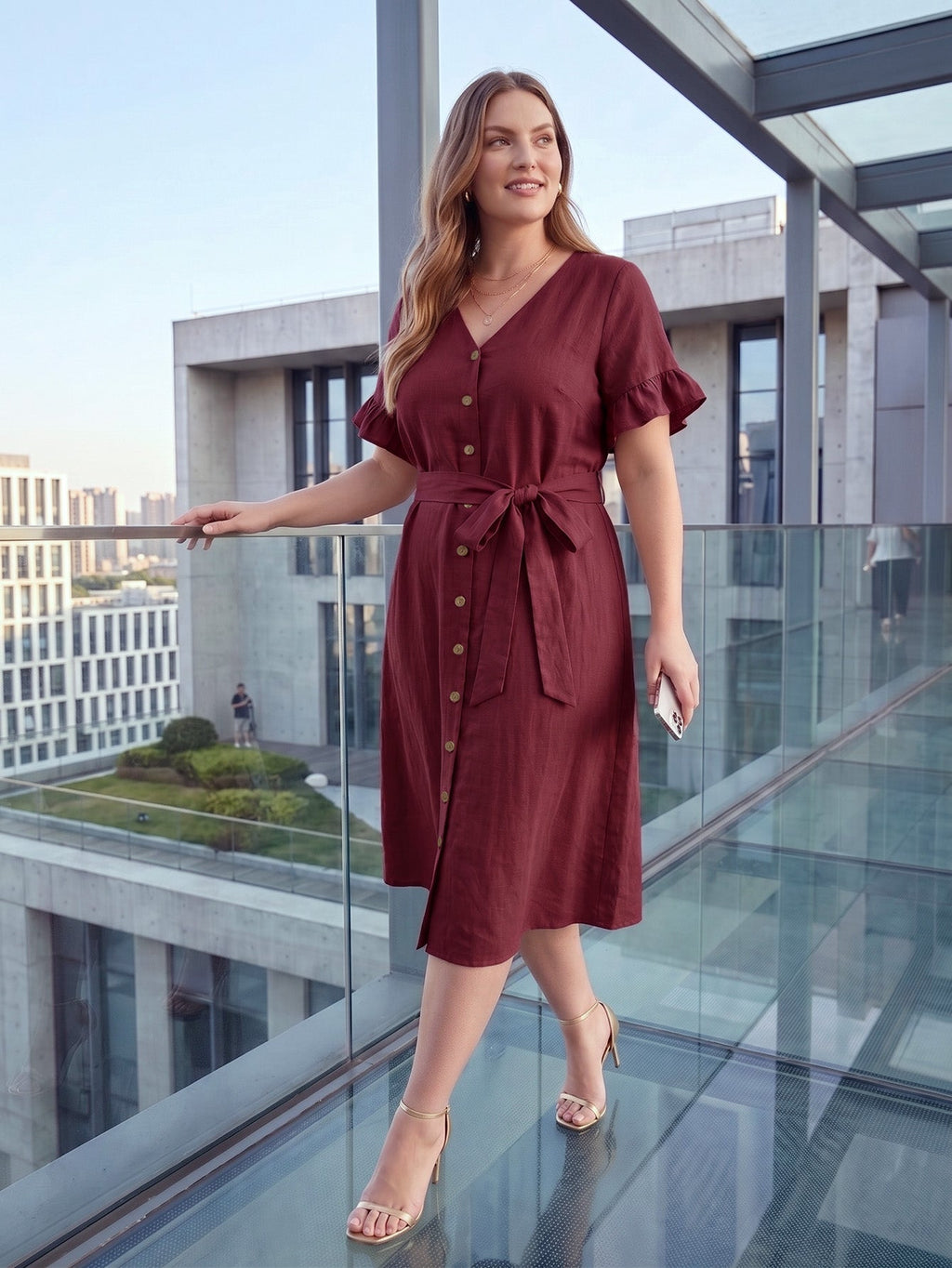 Larui Plus Size Women's Linen Short Sleeves Dress With Belted