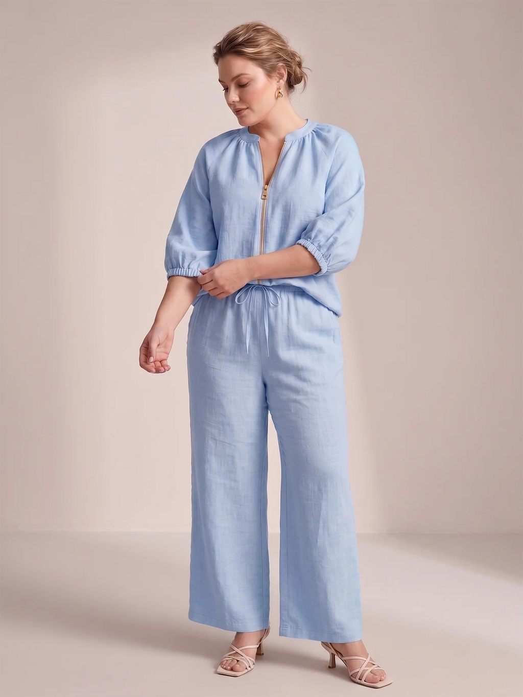 Larui Plus Size Women's Three-Quarter Sleeve Top and Pants Two-Piece Linen Set