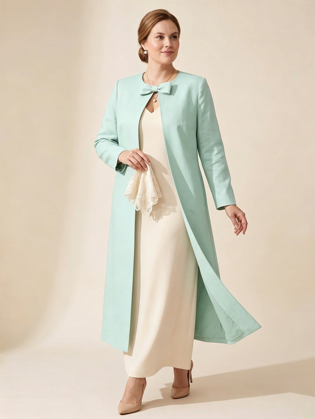 Larui Plus Size Women's Bow-Knot Wedding Long Linen Coat