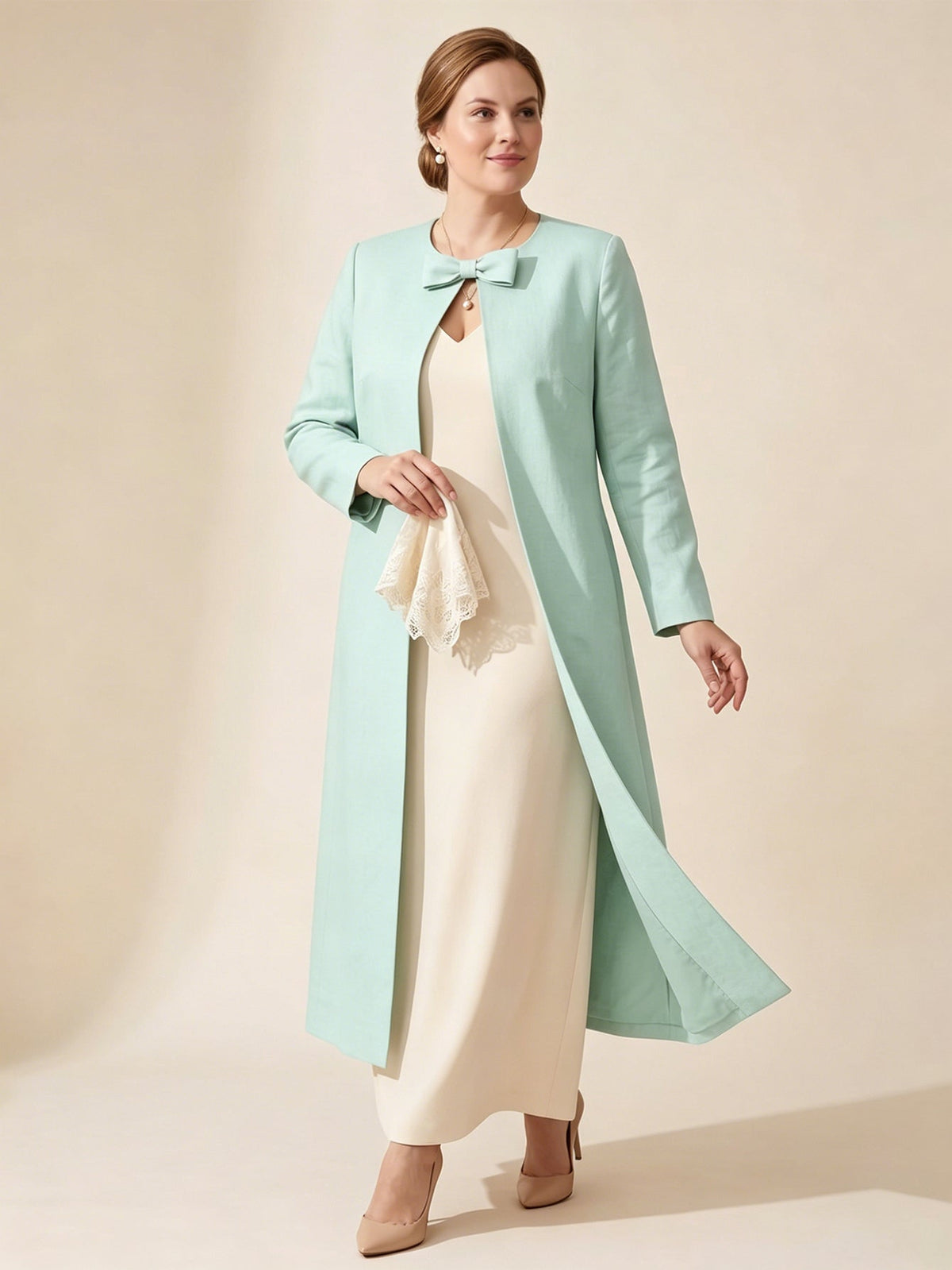 Larui Plus Size Women's Bow-Knot Wedding Long Linen Coat