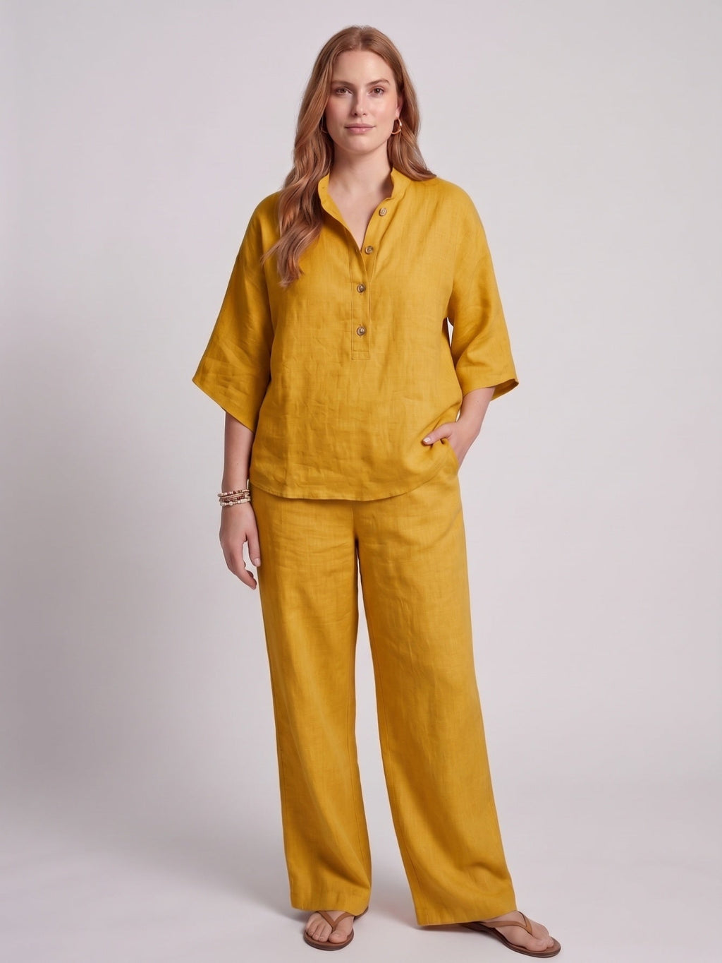 Larui Plus Size Women's V-Neck Button-Detail Casual Linen Set
