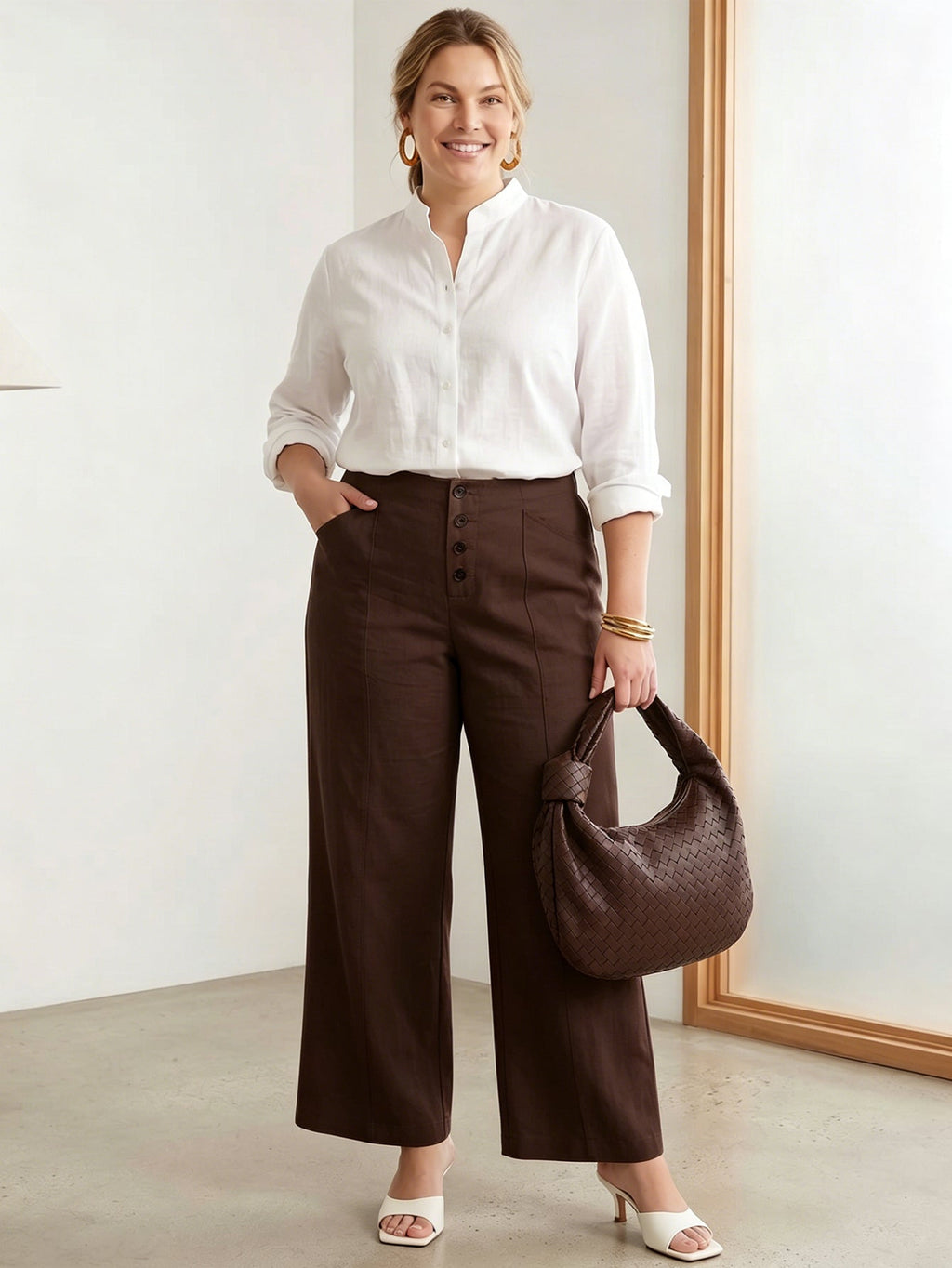 Larui Plus Size Women's ButtonDown Wide-Le-g Linen Pants