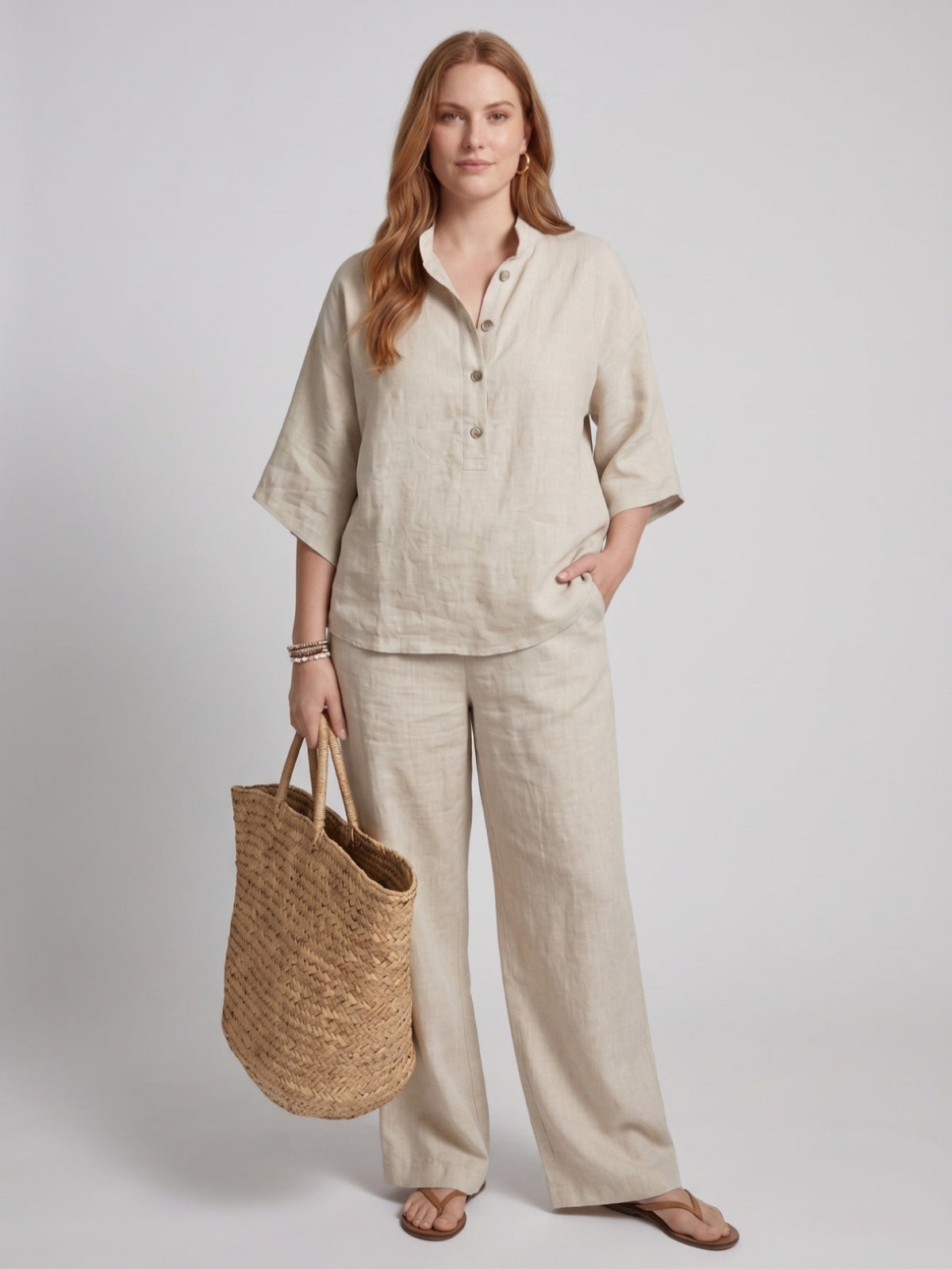 Larui Plus Size Women's V-Neck Button-Detail Casual Linen Set