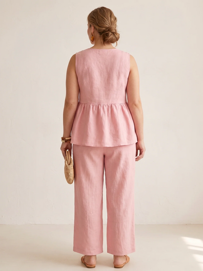 Larui Plus Size Women's Vacation Linen Top and Pants Set