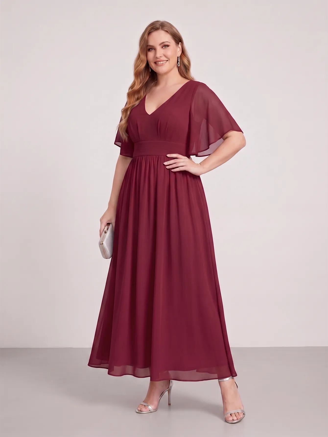 Larui Plus Size Women‘s V-Neck Chiffon Ruffles Sleeves Dress