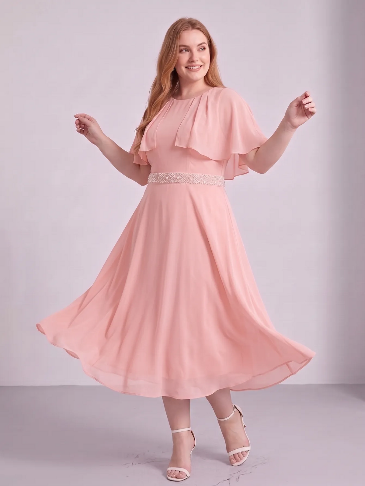Larui Plus Size Women‘s Cape Sleeves Chiffon Midi Dress